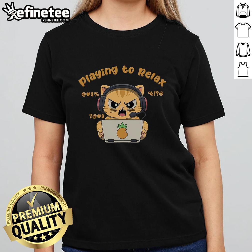 nice-playing-to-relax-funny-angry-cat-ladies-tee Funny angry cat graphic on a ladies tee, perfect for relaxing and showcasing a playful personality. Nice design for cat lovers!