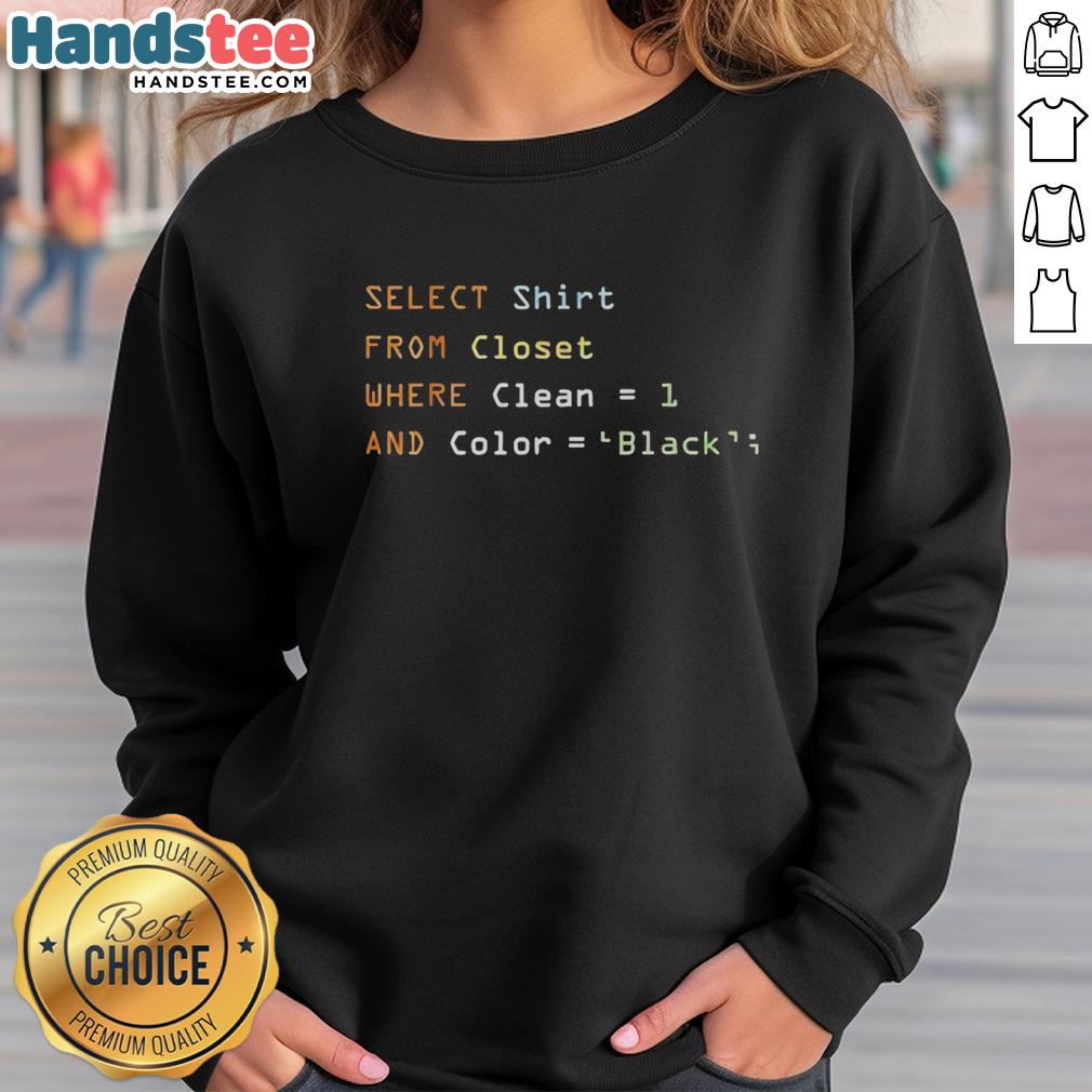 nice-select-shirt-from-closet-where-clean-1-and-color-black-sweatshirt Stylish black sweatshirt selected from a clean closet, showcasing a nice selection of shirts for fashion choices.