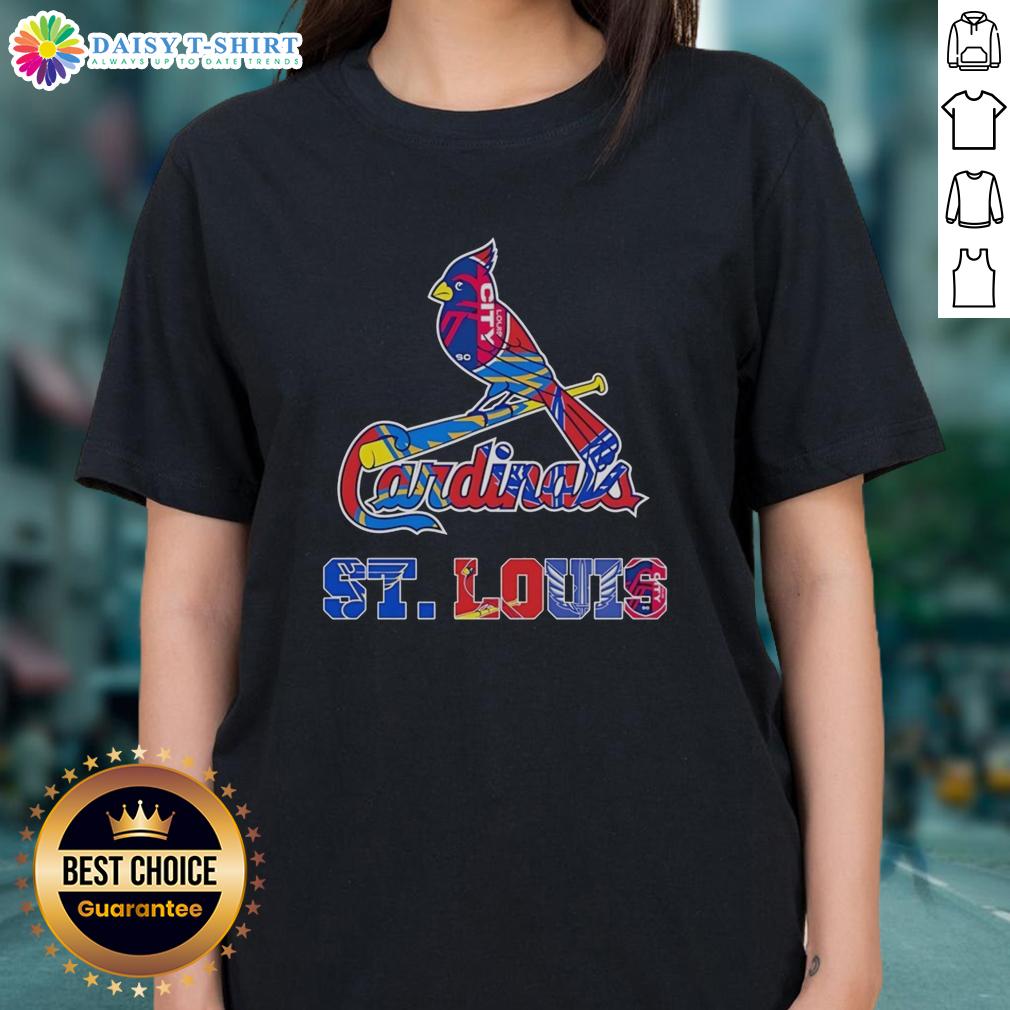 Nice St. Louis Cardinals St. Louis Blues St. Louis City Sc And St. Louis Battlehawks Sports Logo Mashup Ladies-Tee Stylish ladies tee featuring a mashup of St. Louis Cardinals, Blues, City SC, and Battlehawks sports logos.