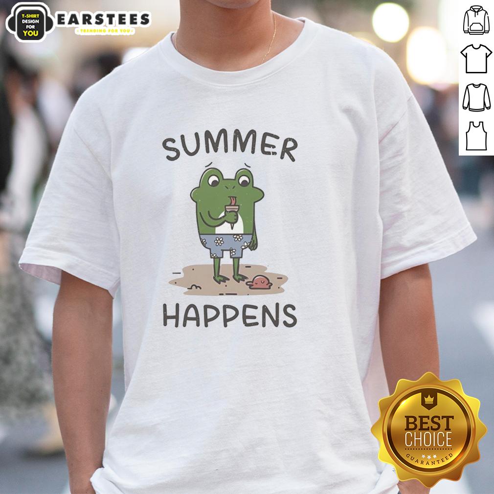 nice-summer-happens-a-frog-and-its-ice-cream-cone-t-shirt Alt Text: Cute frog enjoying an ice cream cone on a Nice Summer Happens T-shirt, perfect for summer wear.