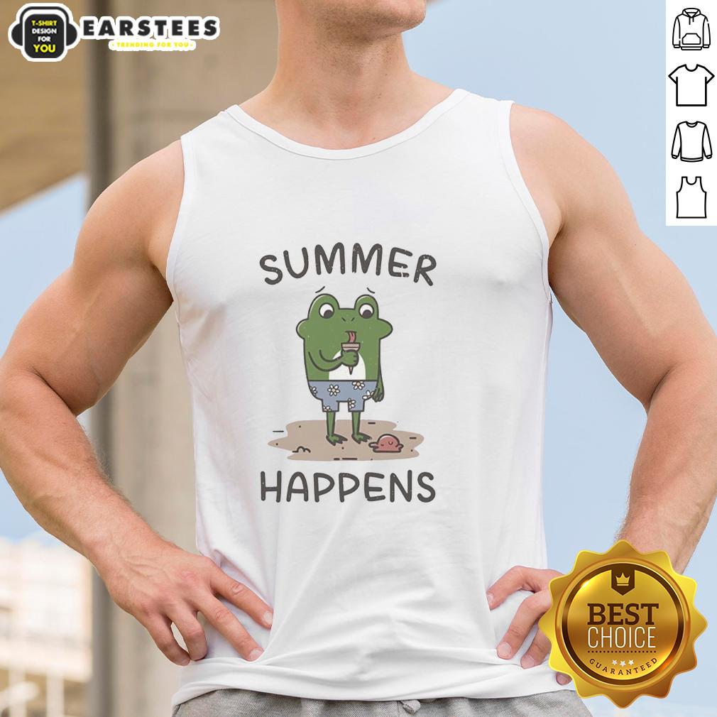 nice-summer-happens-a-frog-and-its-ice-cream-cone-tank-top Cute frog enjoying an ice cream cone while wearing a Nice Summer Happens tank top, perfect for summer fun.