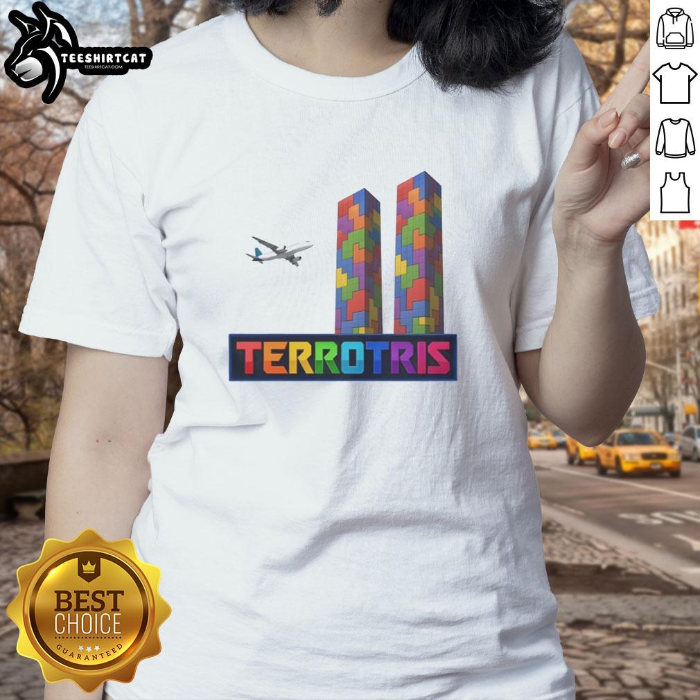 nice-terrotris-terror-tetris-block-ladies-tee Alt Text: Nice Terrotris Terror Tetris Block Ladies Tee featuring colorful Tetris block design on a stylish women's shirt.