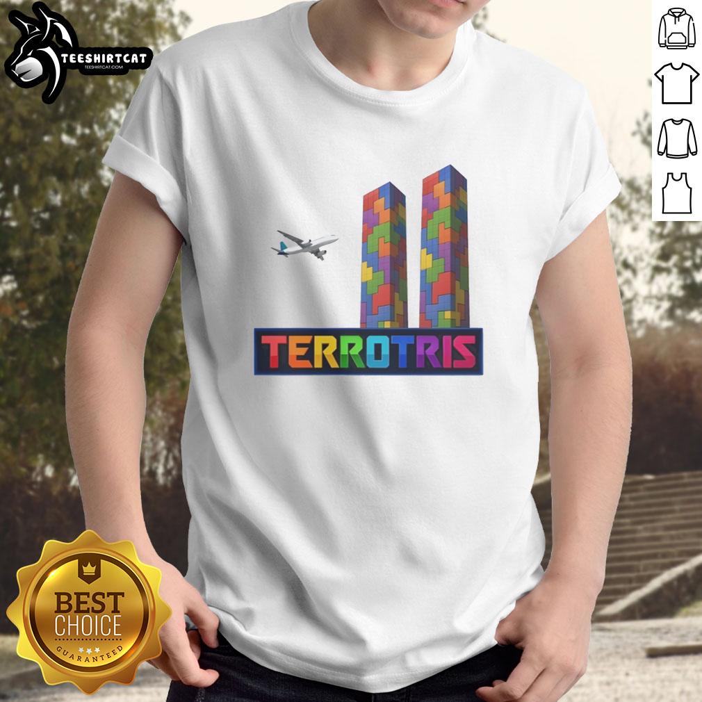 nice-terrotris-terror-tetris-block-t-shirt Nice Terrotris Terror Tetris Block T-Shirt featuring colorful pixelated Tetris blocks on a stylish black background.