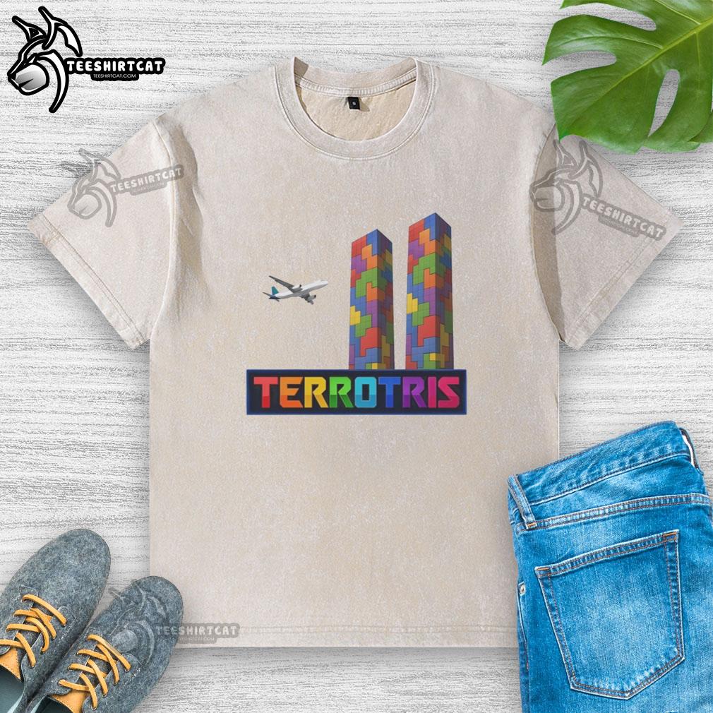 nice-terrotris-terror-tetris-block-washed-t-shirt Nice Terrotris Terror Tetris Block washed t-shirt featuring colorful pixelated Tetris blocks on a stylish tee.