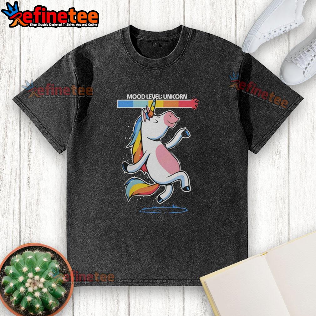 nice-unicorn-happy-vibes-dancing-mood-level-washed-t-shirt Alt Text: Happy vibes unicorn dancing mood level graphic on a washed t-shirt, perfect for casual outfits and unicorn lovers.