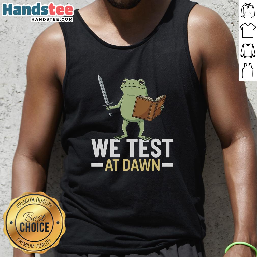 nice-we-test-at-dawn-tank-top Model wearing a Nice We Test At Dawn tank top, showcasing its stylish design against a vibrant sunrise backdrop.
