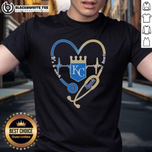 Top Kansas City Royals stethoscope heartbeat design on a 'It's A Work Of Heart' T-shirt for baseball fans.