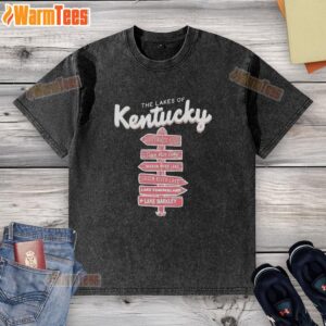 Original Lakes of Kentucky signpost graphic on a washed t-shirt, showcasing a unique and stylish design.