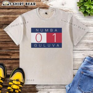 Good Number One graphic Numba Gulava washed t-shirt displayed on a hanger, showcasing its unique design and soft fabric.