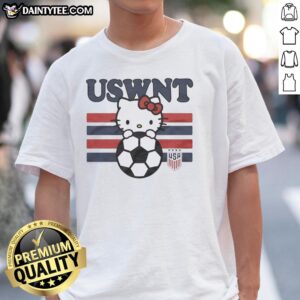 Good Hello Kitty hugging a soccer ball on a USA Women's National Team T-shirt, perfect for fans and collectors.