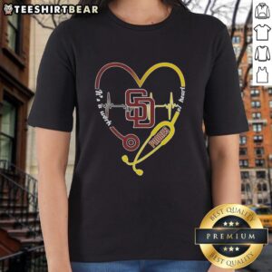 Premium San Diego Padres stethoscope heartbeat ladies tee, perfect for baseball fans and healthcare professionals.