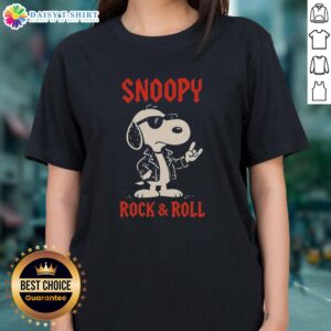 Premium Snoopy Rock and Roll cartoon ladies tee featuring a vibrant graphic of Snoopy dancing on a colorful background.