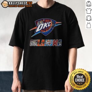 Alt Text: Collage logo T-shirt featuring the Oklahoma City Thunder and Oklahoma sports teams, perfect for NBA fans.