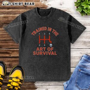 Nice Trained in the Art of Survival Annual Transmission washed t-shirt displayed on a hanger with a casual style.