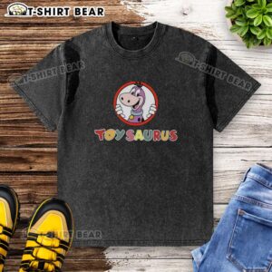 Alt Text: Hot Toysaurus Yabba Dabba Dinosaurs logo on a washed t-shirt, perfect for dinosaur fans and collectors.
