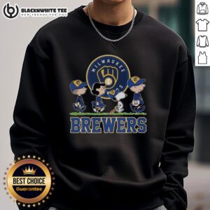 Cute Snoopy, Charlie Brown, Linus, and Lucy in Milwaukee Brewers baseball jersey sweatshirts, showcasing team spirit.