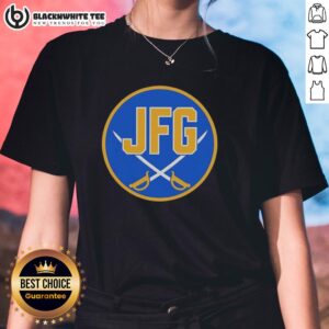 Good Buffalo Sabres JFG River Hockey Academy logo on a ladies tee, showcasing team spirit and athletic style.