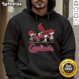 Alt Text: Snoopy, Charlie Brown, Linus, and Lucy wearing St. Louis Cardinals baseball jerseys and hoodies, celebrating together.