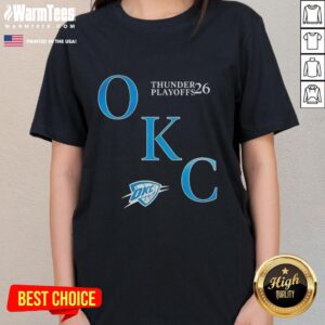 Alt Text: Ladies' tee celebrating the Oklahoma City Thunder in the 2026 NBA Playoffs, perfect for basketball fans.