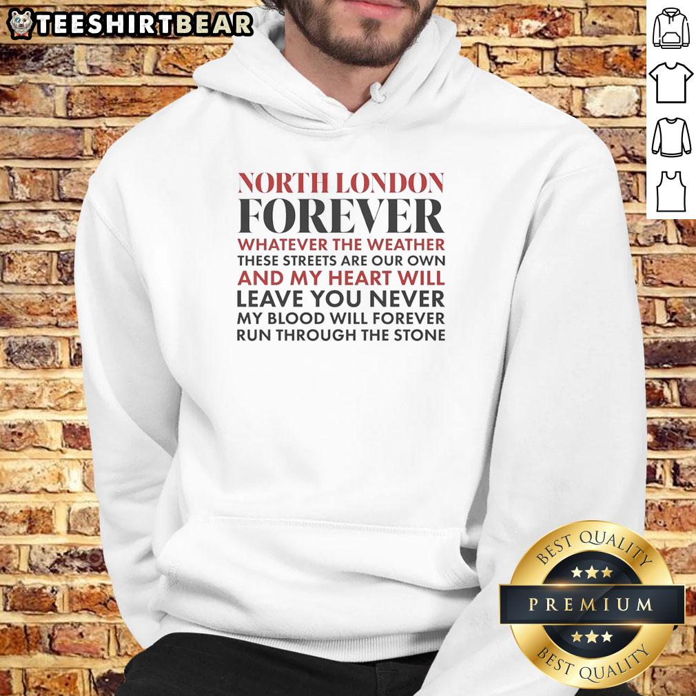 official-arsenal-fc-north-london-forever-whatever-weather-streets-are-our-own-and-my-heart-will-hoodie Official Arsenal FC hoodie with 'North London Forever' slogan, perfect for fans braving any weather.