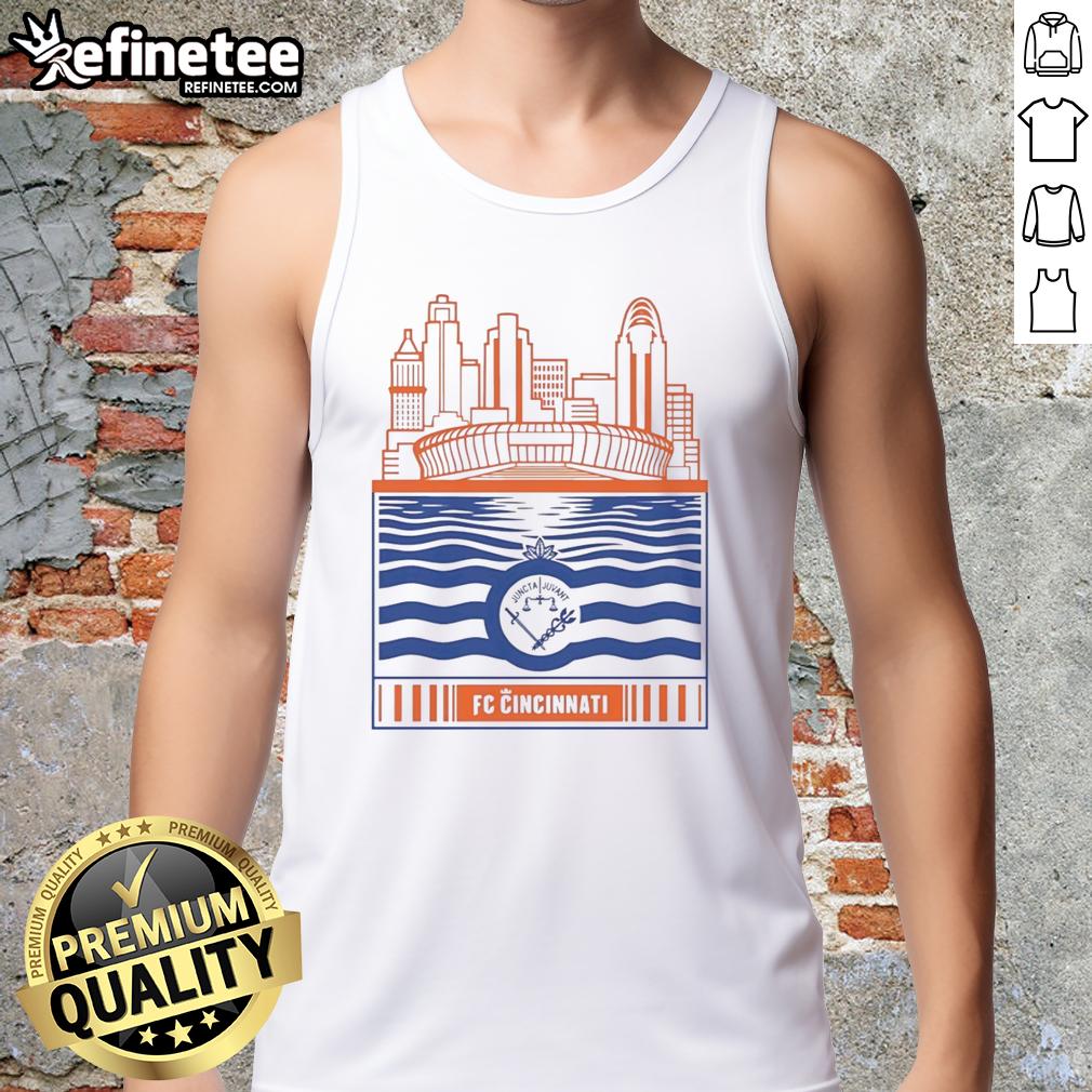 official-fc-cincinnati-city-skyline-stadium-with-river-and-logo-retro-tank-top Official FC Cincinnati city skyline stadium graphic on a retro tank top featuring river and logo design.