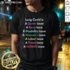 Official Long Covid T-Shirt featuring 'Queer Race Disability Women' design, highlighting trans human issues and advocacy.