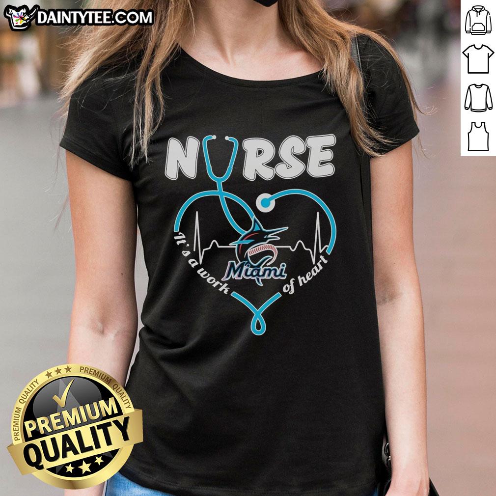 official-miami-marlins-nurse-its-a-work-of-heart-stethoscope-shaped-heart-ladies-tee Official Miami Marlins 'Nurse It's A Work Of Heart' tee with stethoscope-shaped heart design for ladies.