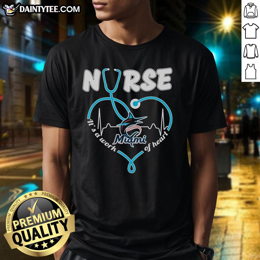 official-miami-marlins-nurse-its-a-work-of-heart-stethoscope-shaped-heart-t-shirt Miami Marlins Nurse Stethoscope Heart T-Shirt design, perfect for baseball fans and healthcare professionals.