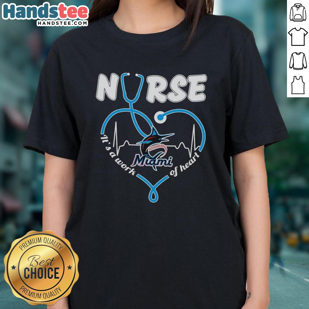 official-nurse-miami-marlins-stethoscope-its-a-work-of-heart-ladies-tee Official Nurse Miami Marlins stethoscope graphic on 'It's A Work Of Heart' ladies tee, perfect for baseball and nursing fans.