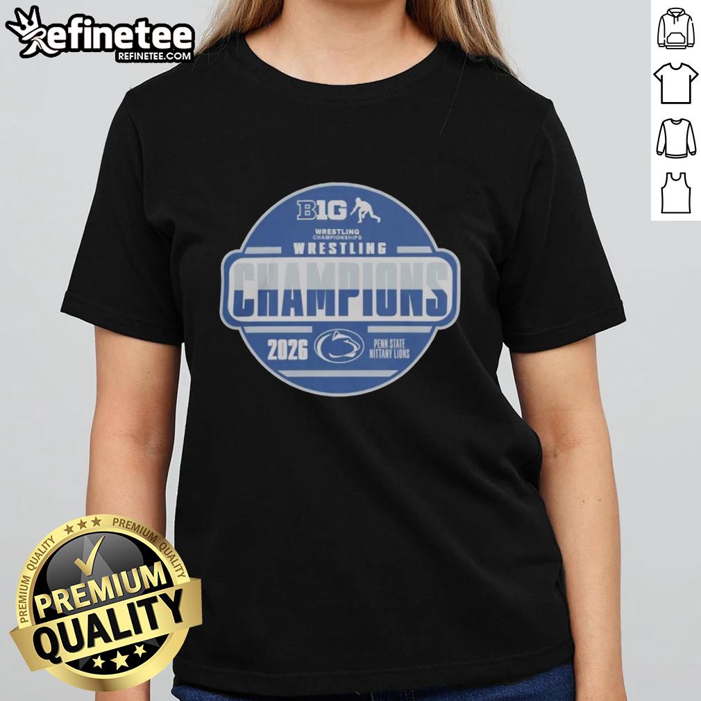 official-penn-state-nittany-lions-2026-big-ten-wrestling-champions-locker-room-ladies-tee Official Penn State Nittany Lions 2026 Big Ten Wrestling Champions ladies tee displayed in a vibrant locker room setting.