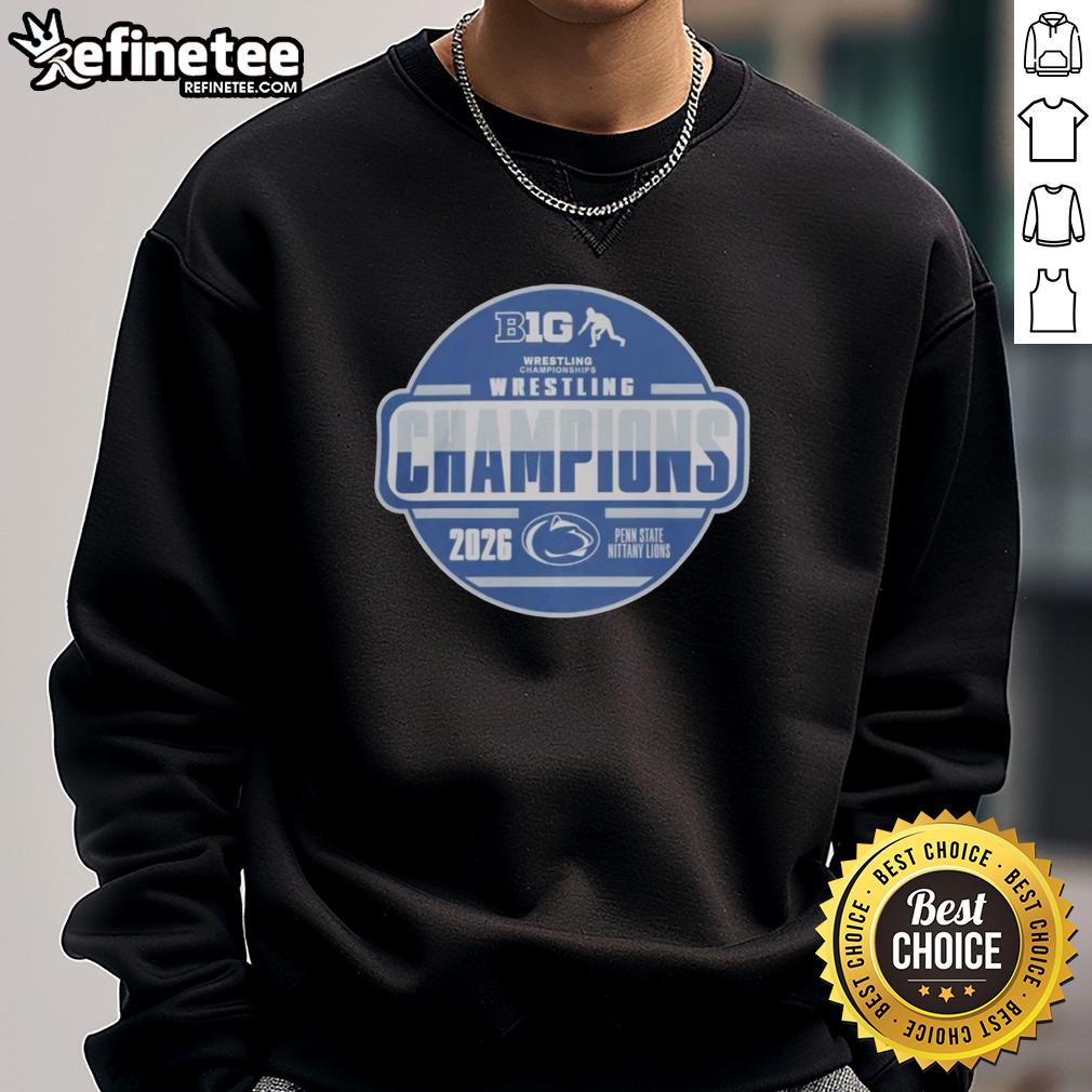 official-penn-state-nittany-lions-2026-big-ten-wrestling-champions-locker-room-sweatshirt Alt Text: Official Penn State Nittany Lions 2026 Big Ten Wrestling Champions sweatshirt displayed in a locker room setting.