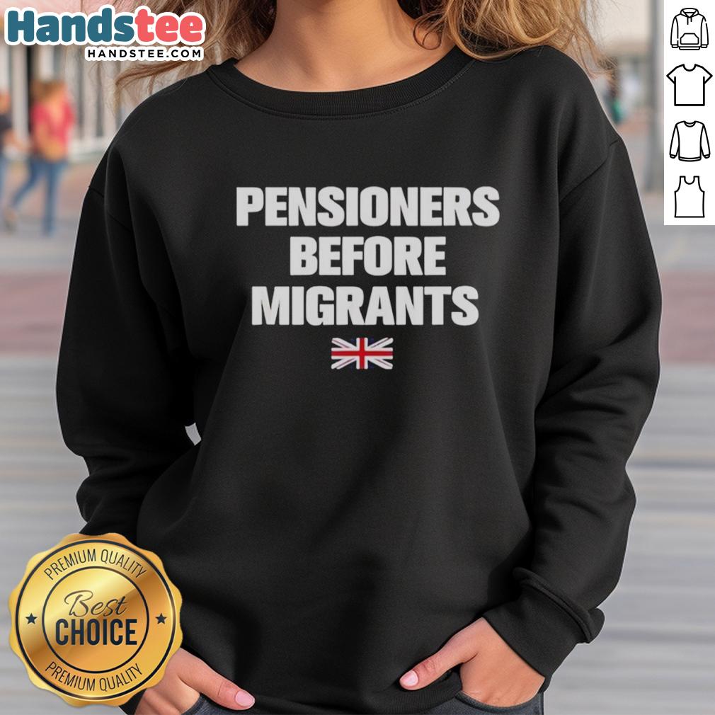 official-pensioners-before-migrants-uk-flag-sweatshirt Official Pensioners Before Migrants UK Flag Sweatshirt featuring a bold UK flag design, perfect for proud pensioners.