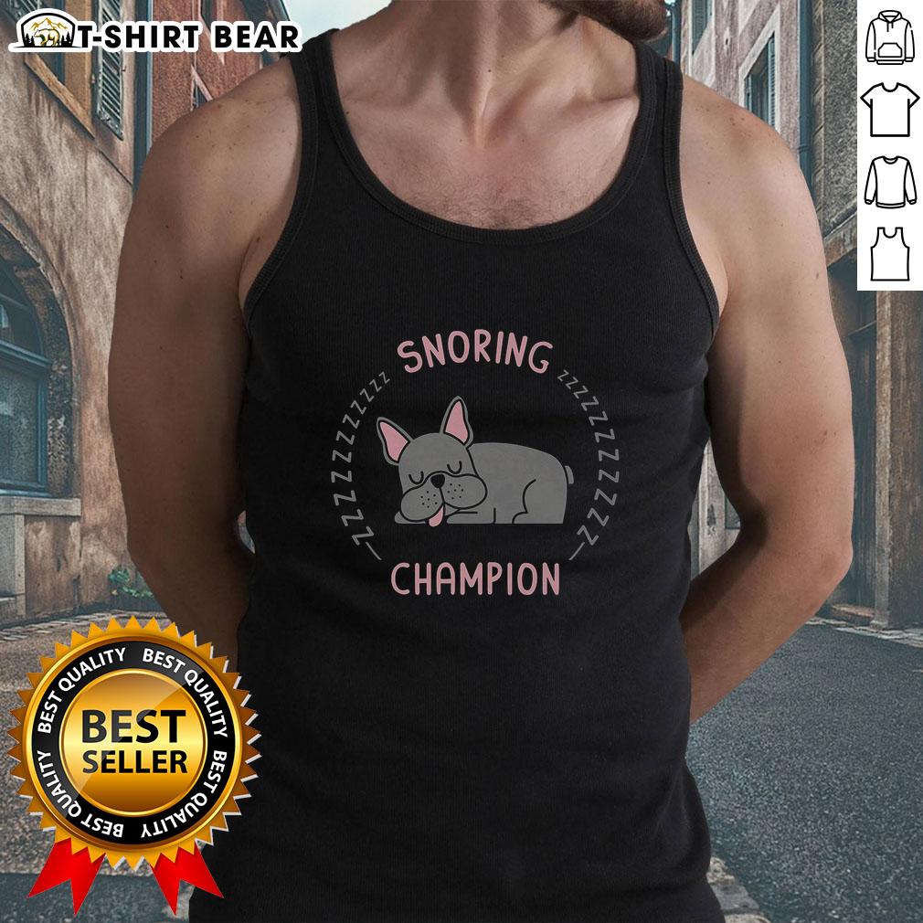 Official Snoring Champion Dog Tank Top Adorable dog wearing an 'Official Snoring Champion' tank top, showcasing its fun personality and stylish pet apparel.