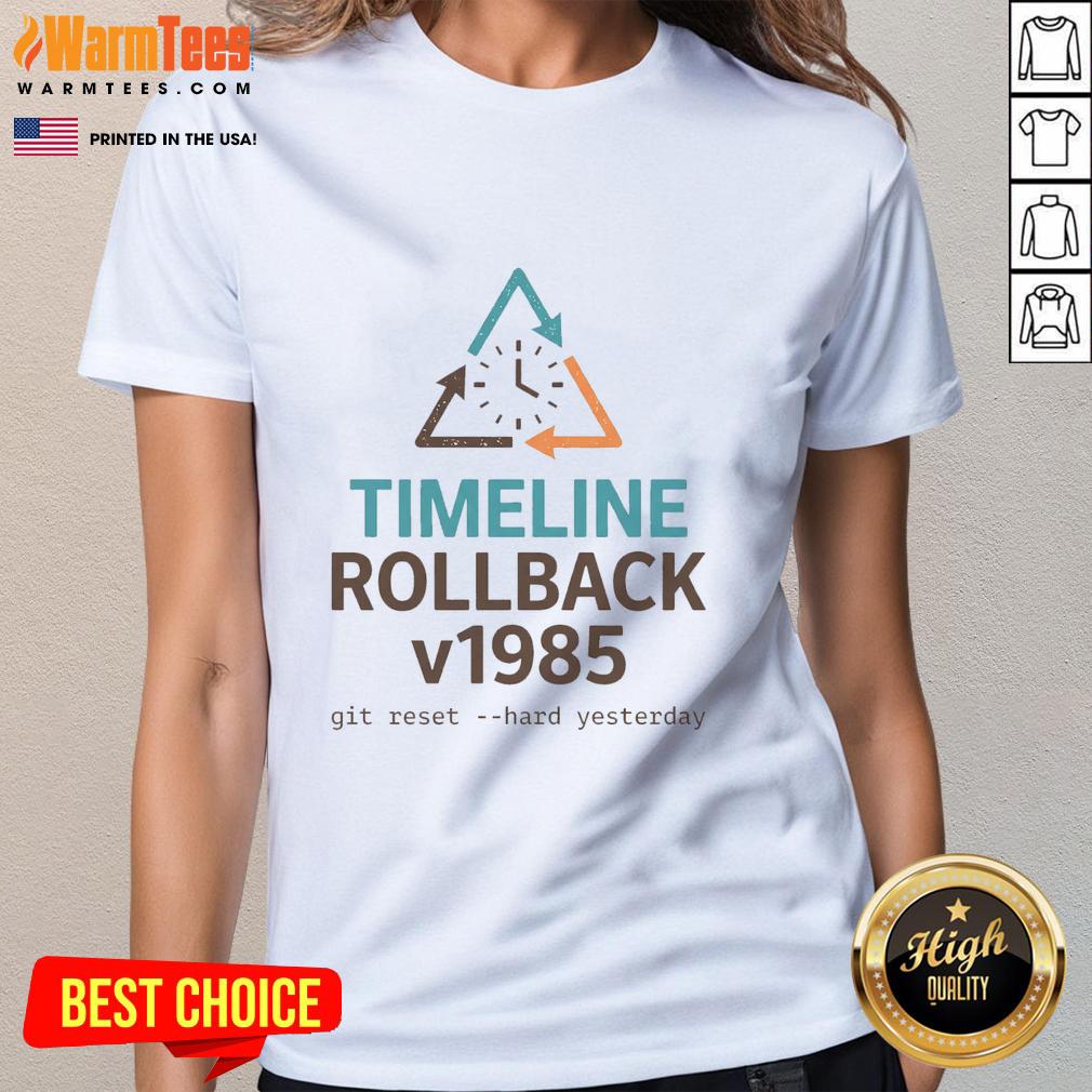 official-timeline-rollback-v1985-ladies-tee Alt Text: Official Timeline Rollback V1985 Ladies Tee featuring retro design and comfortable fit, perfect for casual wear.