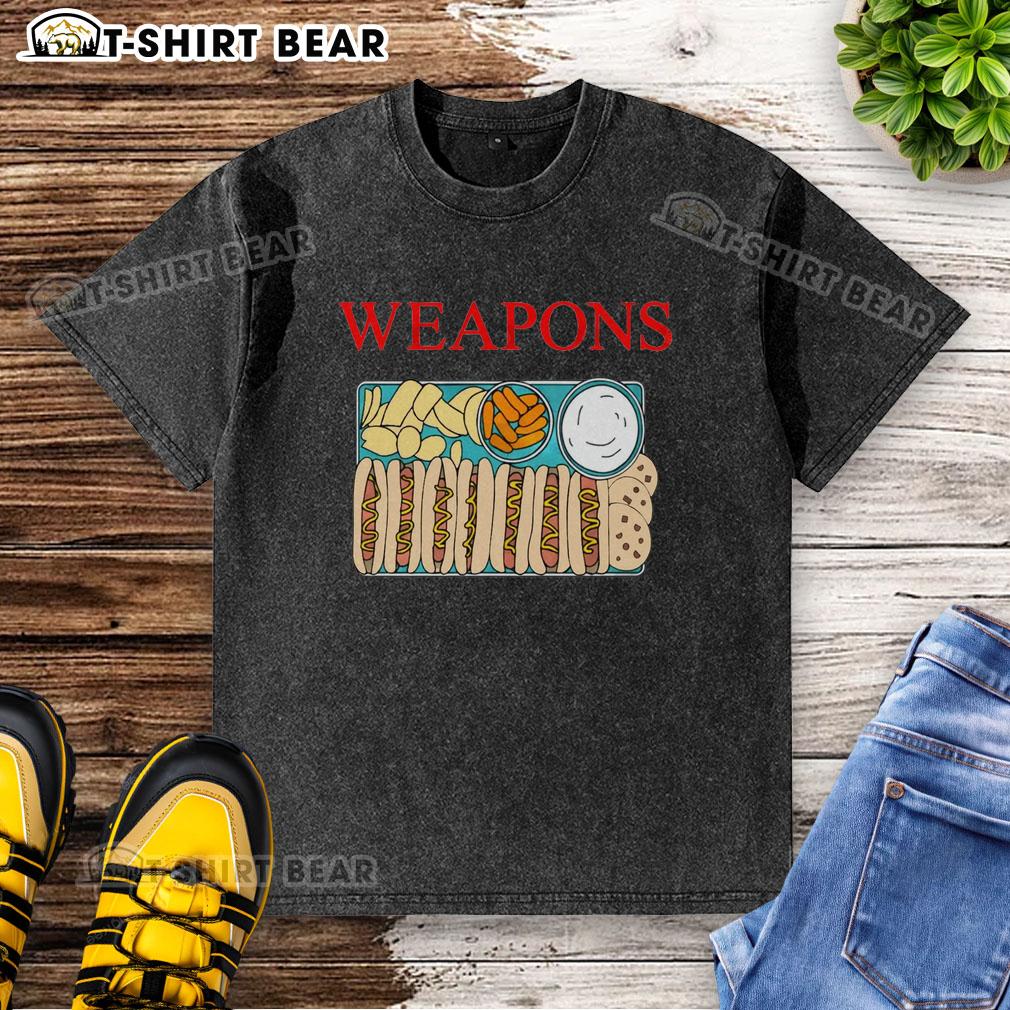 Official Weapons Fast Foods Hot Dog Cookies Chips Washed T Shirt Alt Text: Official Weapons Fast Foods Hot Dog Cookies Chips washed t-shirt featuring vibrant graphics and playful design.