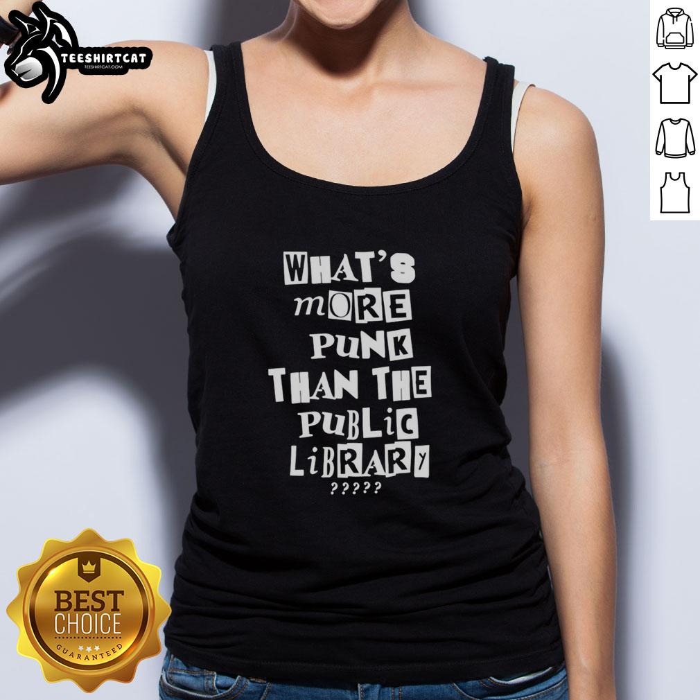 official-whats-more-punk-than-the-public-library-collage-style-tank-top Collage-style tank top featuring 'What's More Punk Than The Public Library' slogan, perfect for library and punk culture fans.