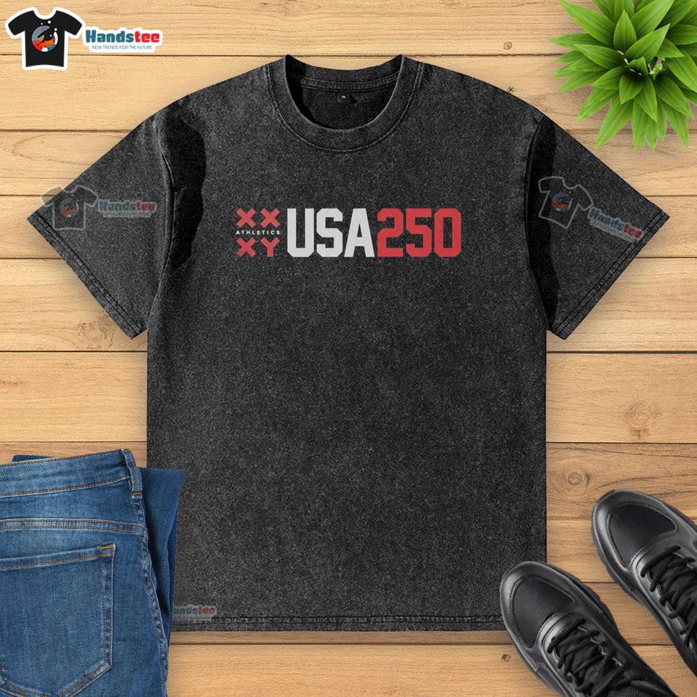 official-xx-athletics-xy-usa-250-vintage-washed-t-shirt Vintage washed Official Xx Athletics Xy USA 250 T-shirt displayed on a rustic wooden background, showcasing its unique design.