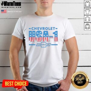 Premium Chevrolet USA Flag One T-Shirt featuring bold graphics and vibrant colors for car enthusiasts and patriotic fans.