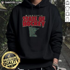 Hot Minnesota State of Hockey hoodie featuring bold graphics, perfect for fans and cold weather wear.
