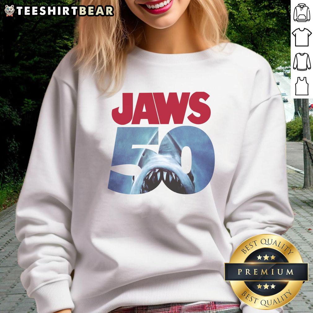 original-50th-anniversary-jaws-sweatshirt Original 50th Anniversary Jaws Sweatshirt featuring iconic shark graphic, perfect for movie fans and collectors.