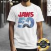 Alt Text: Original 50th Anniversary Jaws T-Shirt featuring iconic shark design, perfect for fans of the classic thriller film.