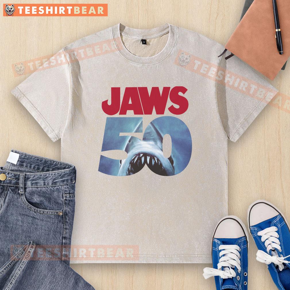 original-50th-anniversary-jaws-washed-t-shirt Original 50th Anniversary Jaws Washed T-Shirt featuring vintage design and iconic shark graphic for movie fans.