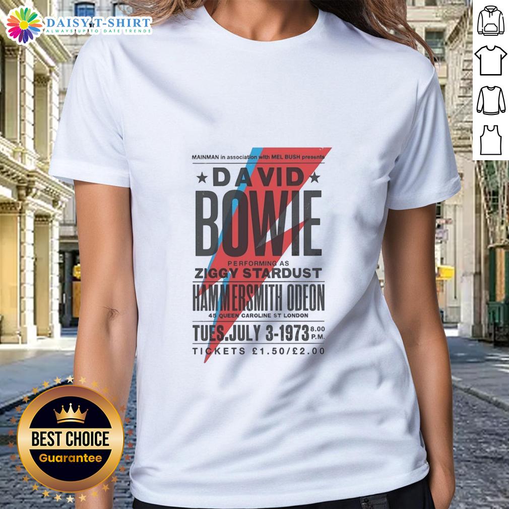 Original David Bowie Performing As Ziggy Stardust Hammersmith Odeon 45 Queen Caroline St London Ladies-Tee Alt Text: Original David Bowie performing as Ziggy Stardust at Hammersmith Odeon, London iconic moment in music history.