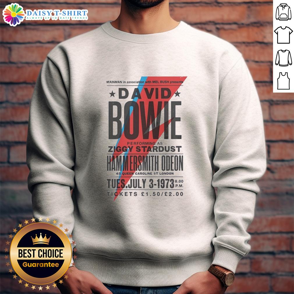 Original David Bowie Performing As Ziggy Stardust Hammersmith Odeon 45 Queen Caroline St London Sweatshirt David Bowie performing as Ziggy Stardust at Hammersmith Odeon, wearing a vibrant sweatshirt, capturing a legendary moment.