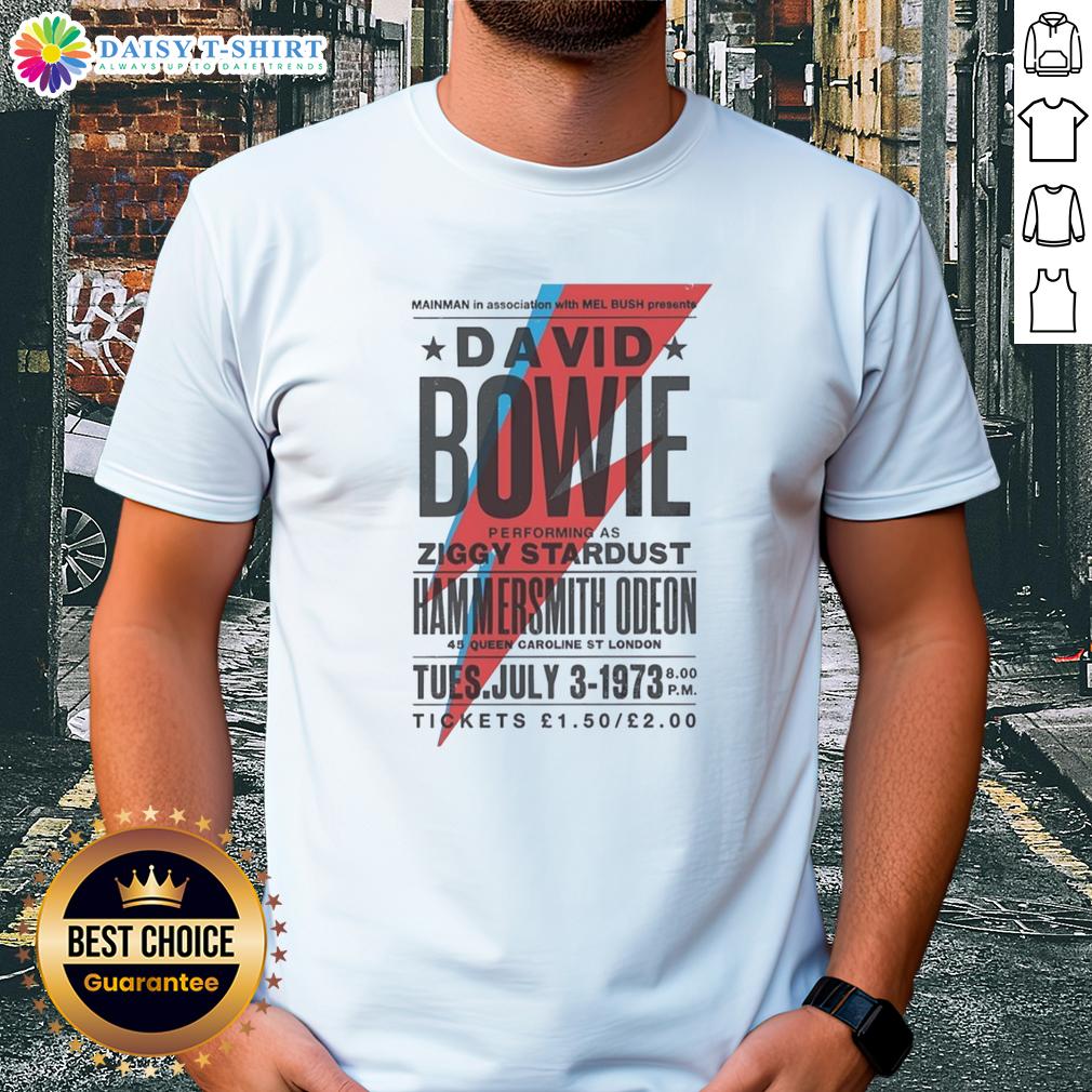 Original David Bowie Performing As Ziggy Stardust Hammersmith Odeon 45 Queen Caroline St London T-Shirt Original David Bowie performing as Ziggy Stardust at Hammersmith Odeon, featured on a vintage T-shirt design.