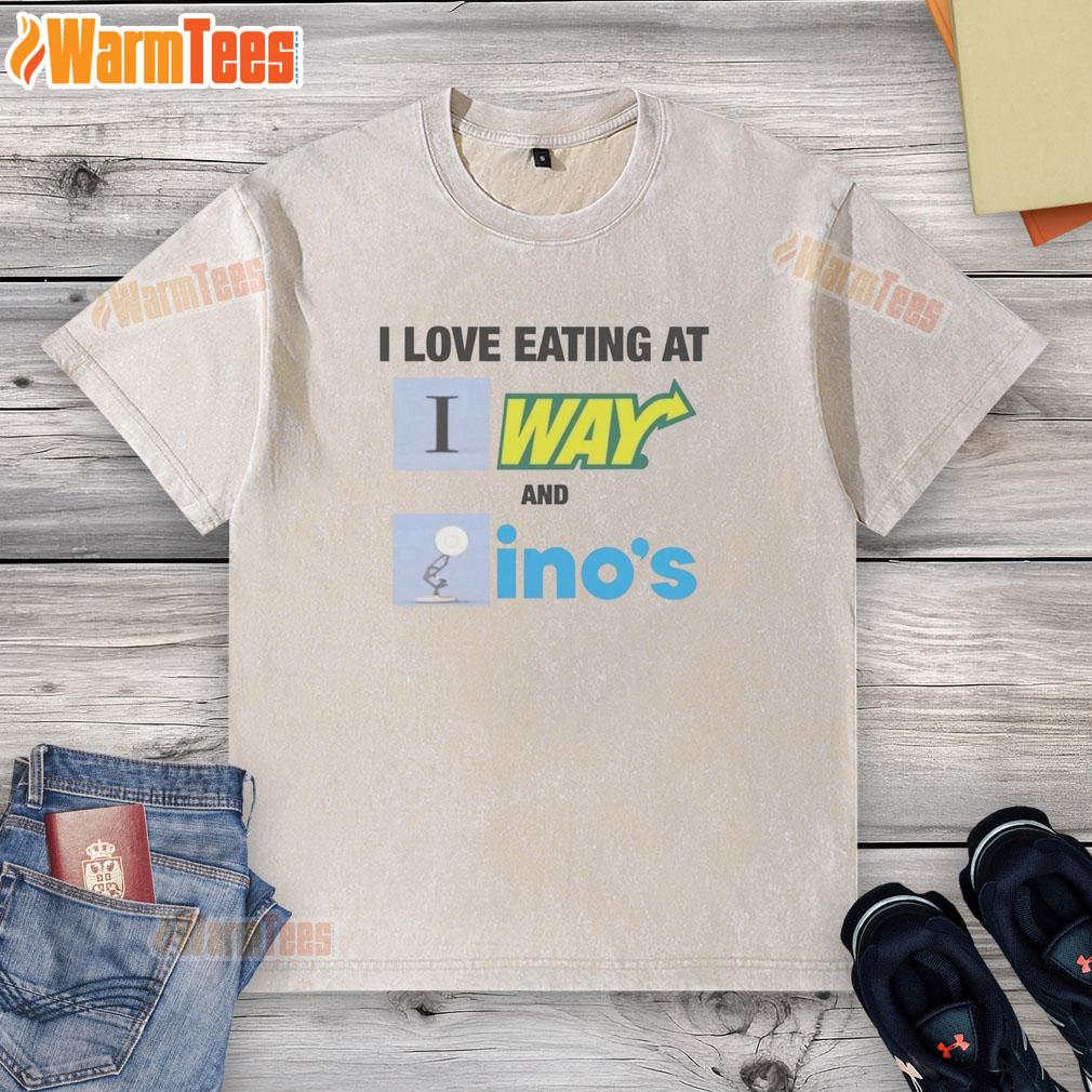 original-i-love-eating-at-subway-and-dominos-washed-t-shirt Original 'I Love Eating at Subway and Domino's' washed t-shirt displayed on a rustic wooden background.