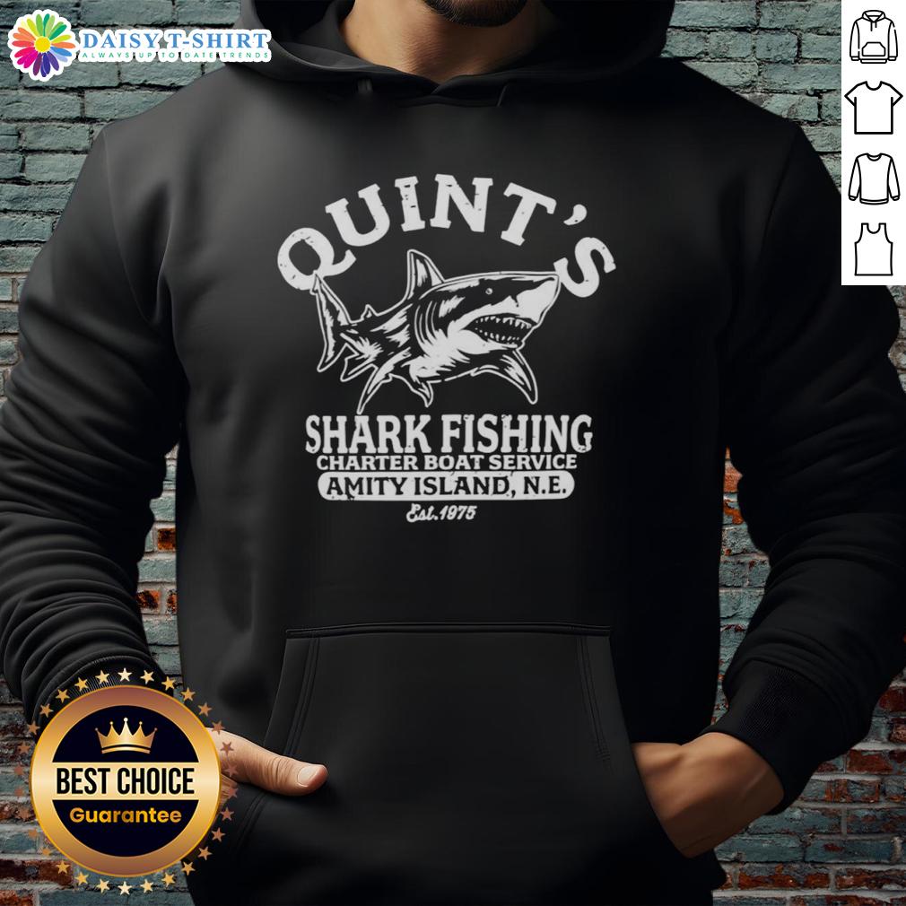 Original Quint's Shark Fishing Charter Boat Service Amity Island Est 1975 Great White Shark Hoodie Original Quints Shark Fishing Charter Boat Service hoodie featuring Great White Shark design, Amity Island, est. 1975.