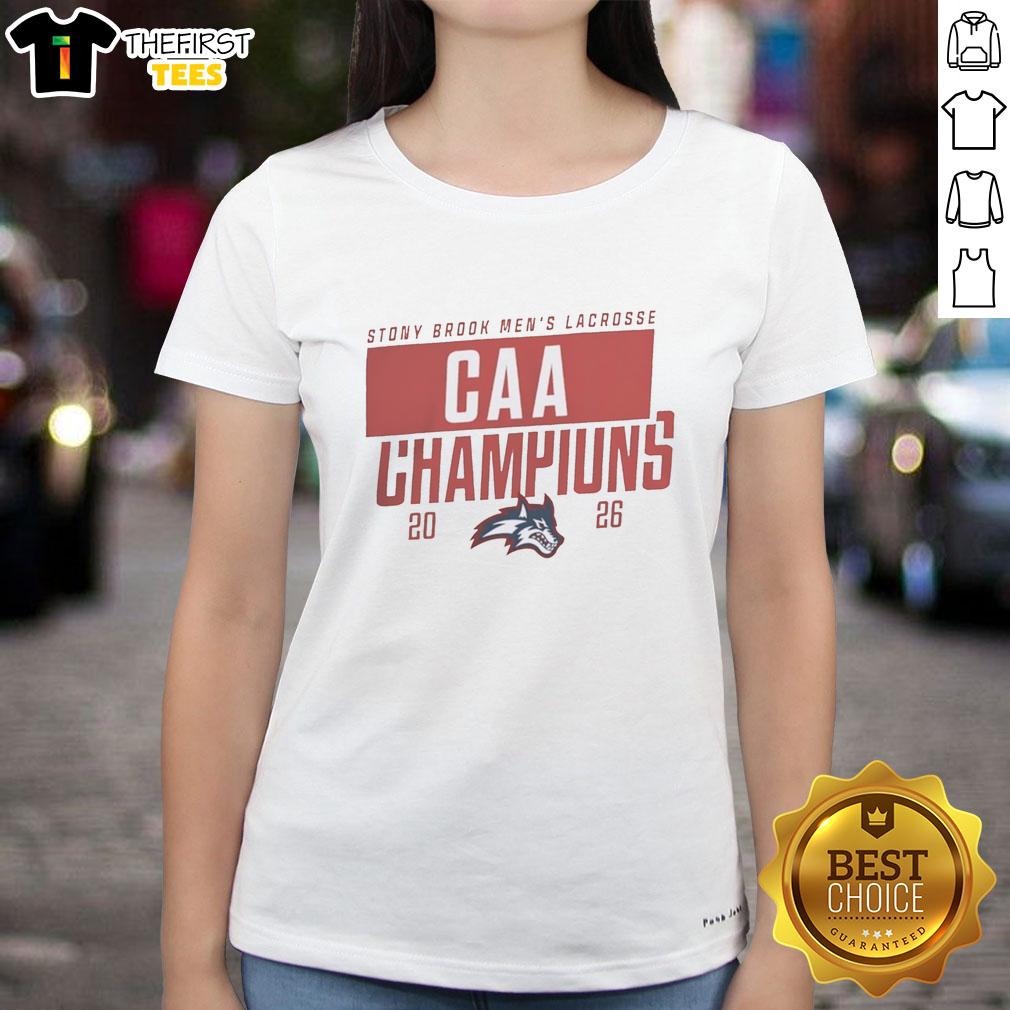 original-stony-brook-seawolves-mens-lacrosse-caa-champions-2026-logo-ladies-tee Original Stony Brook Seawolves Men's Lacrosse CAA Champions 2026 logo on a ladies' tee shirt.