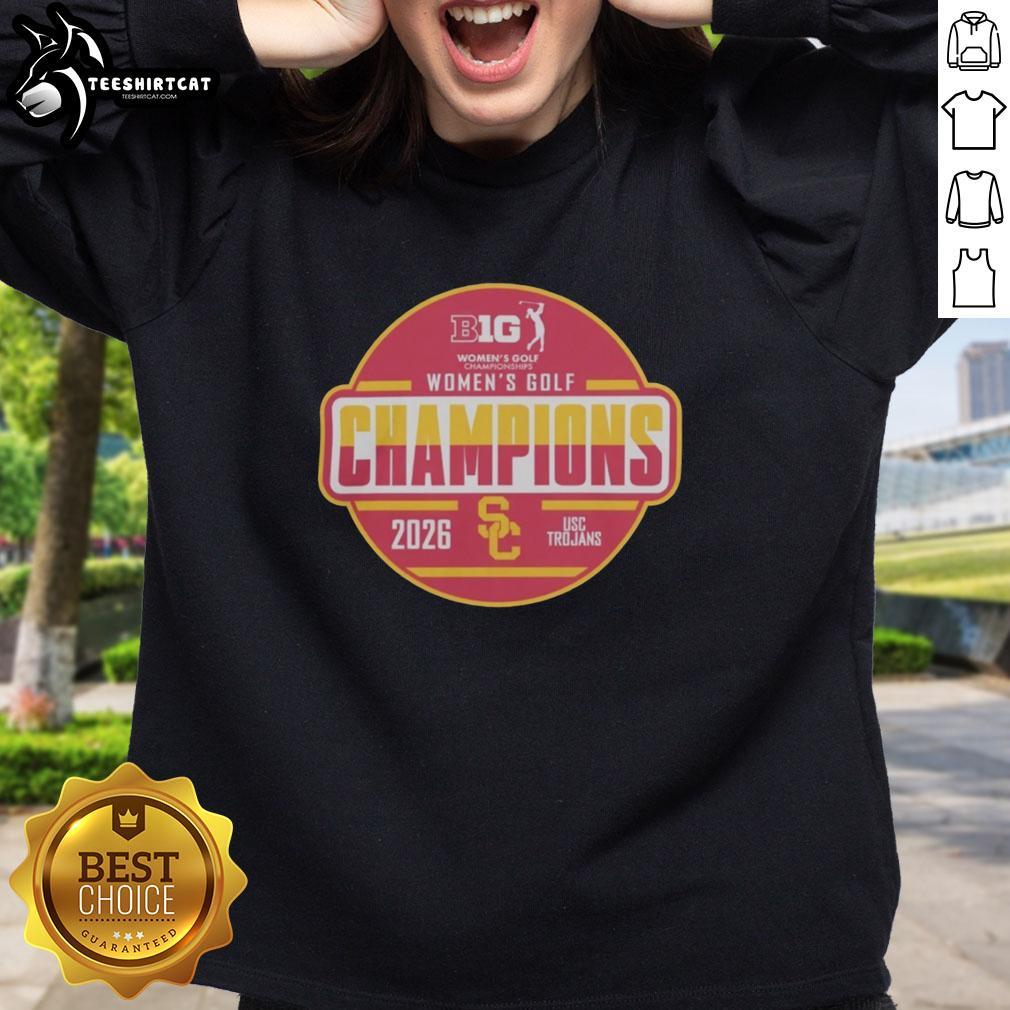 original-usc-trojans-2026-big-ten-womens-golf-tournament-champions-locker-room-sweatshirt Original USC Trojans 2026 Big Ten Women's Golf Tournament Champions sweatshirt in team locker room setting.