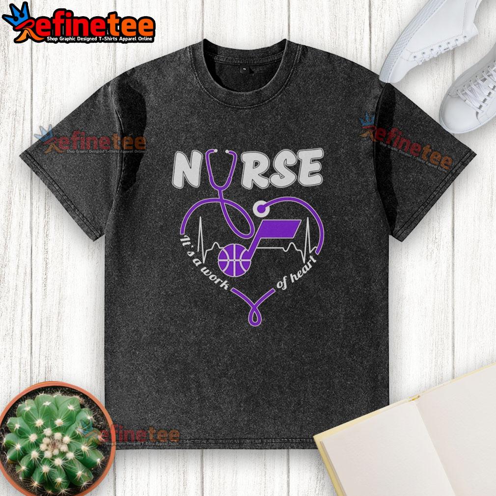 original-utah-jazz-nurse-its-a-work-of-heart-stethoscope-shaped-heart-washed-t-shirt Original Utah Jazz Nurse It's A Work Of Heart t-shirt featuring a stethoscope shaped heart design.